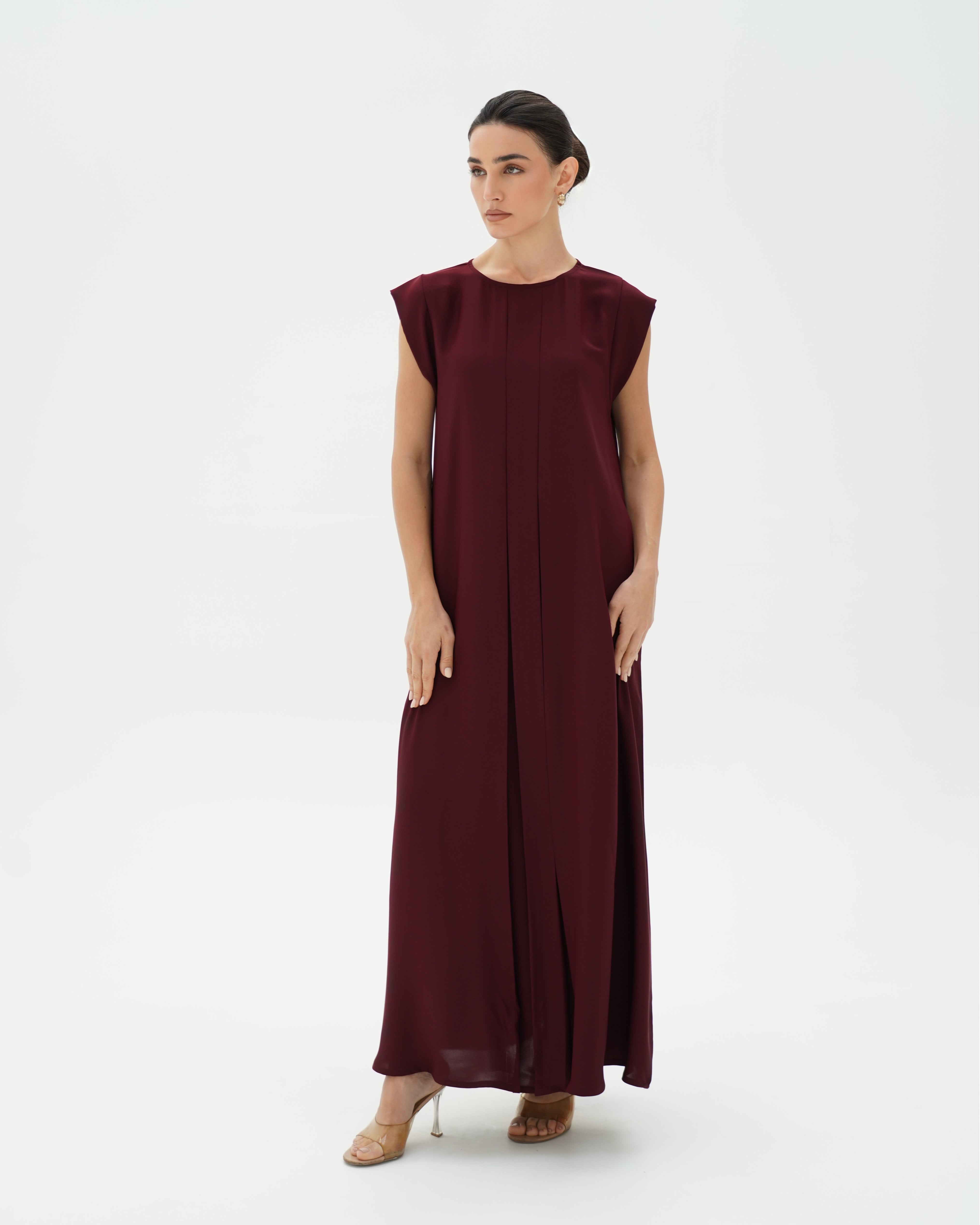 C RTW 006-09 Premium Dark Cherry Pleated Under Abaya Dress