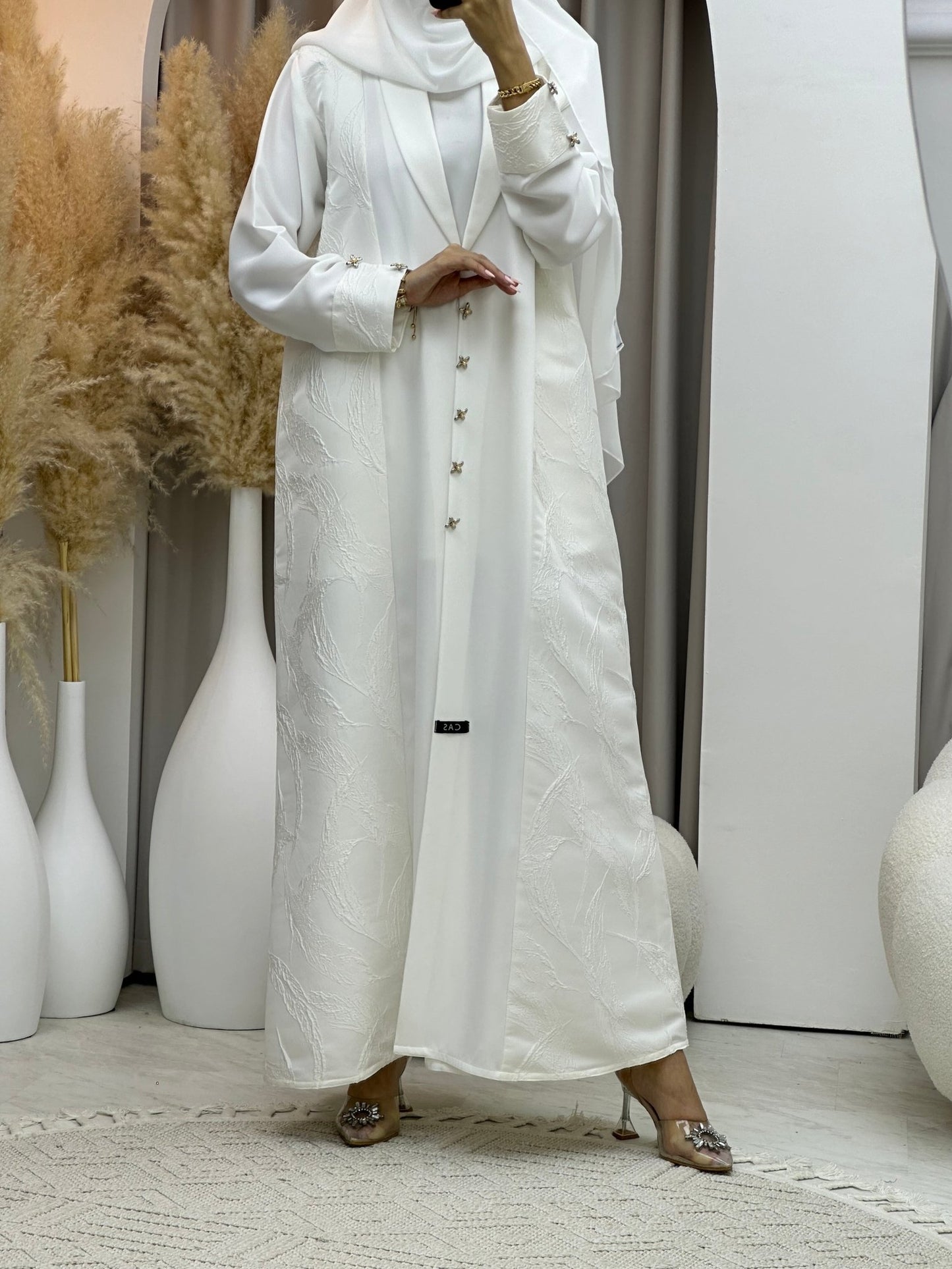 C RTW 0076 White Jacquard Abaya