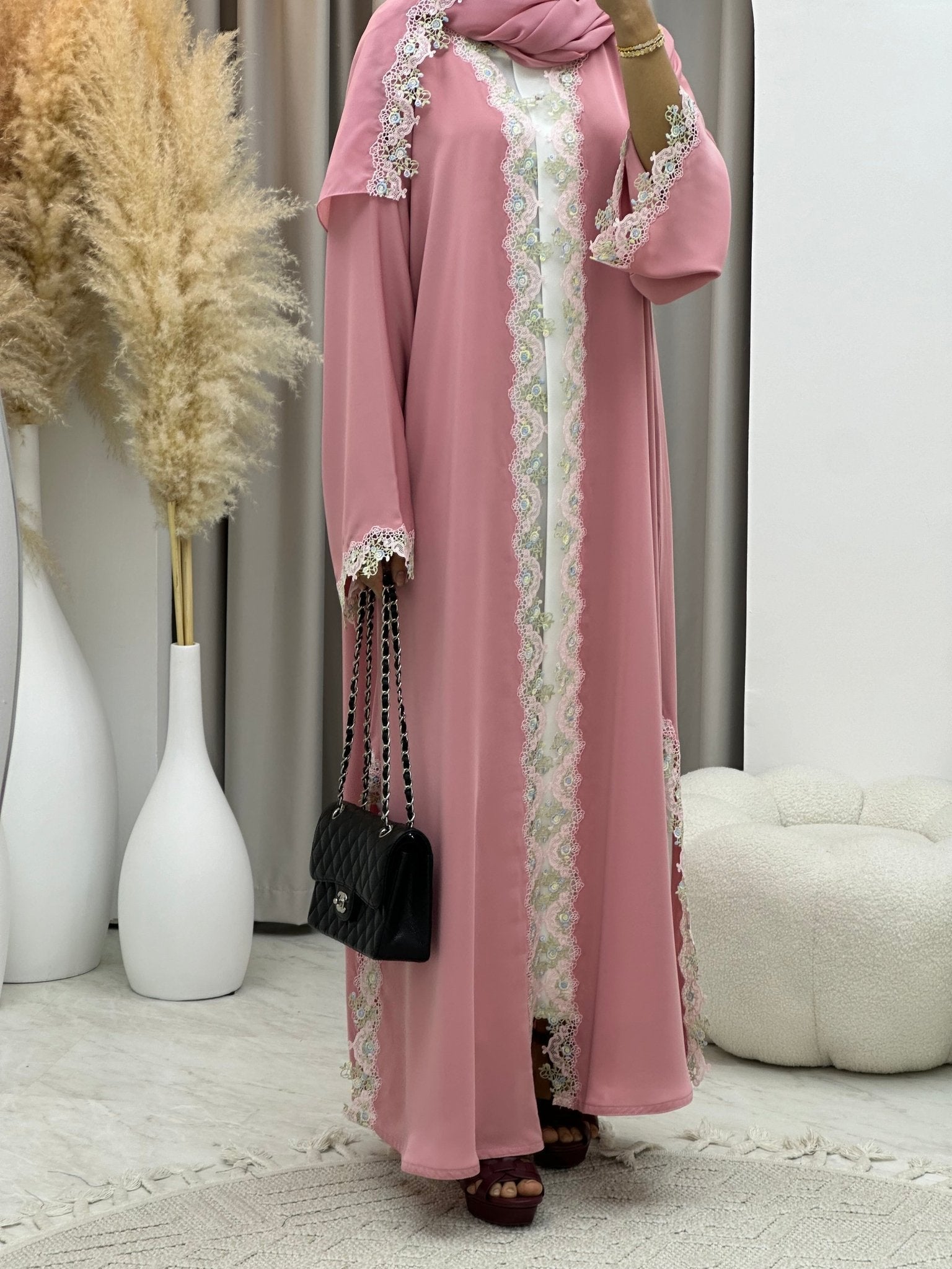 C RTW 0206 Pink Lace Abaya