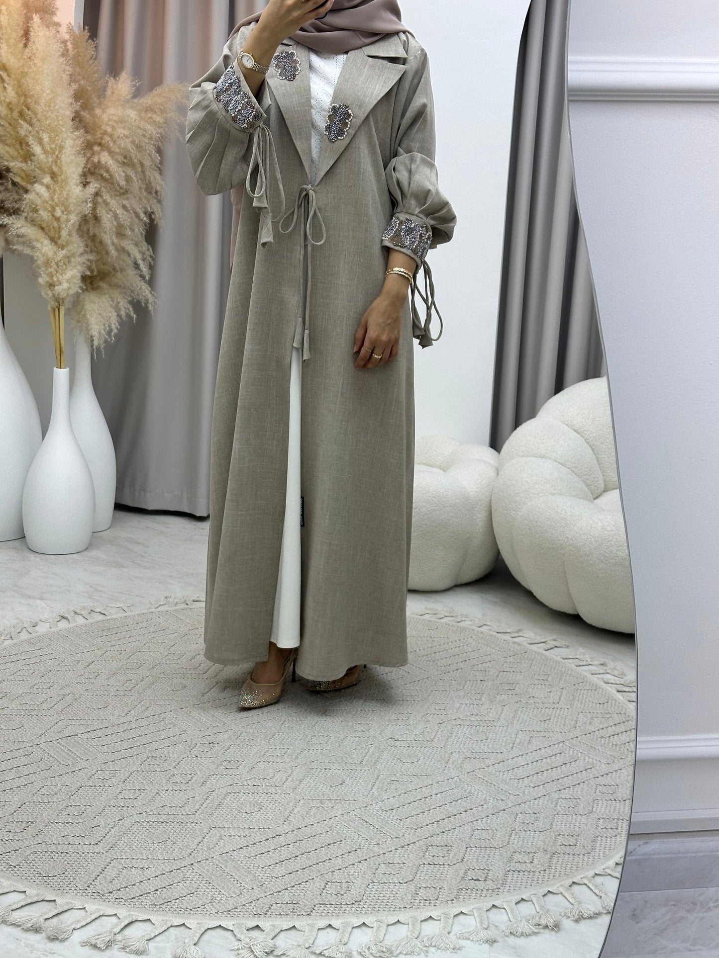 C RTW 0274 Beige Coat Beaded Abaya