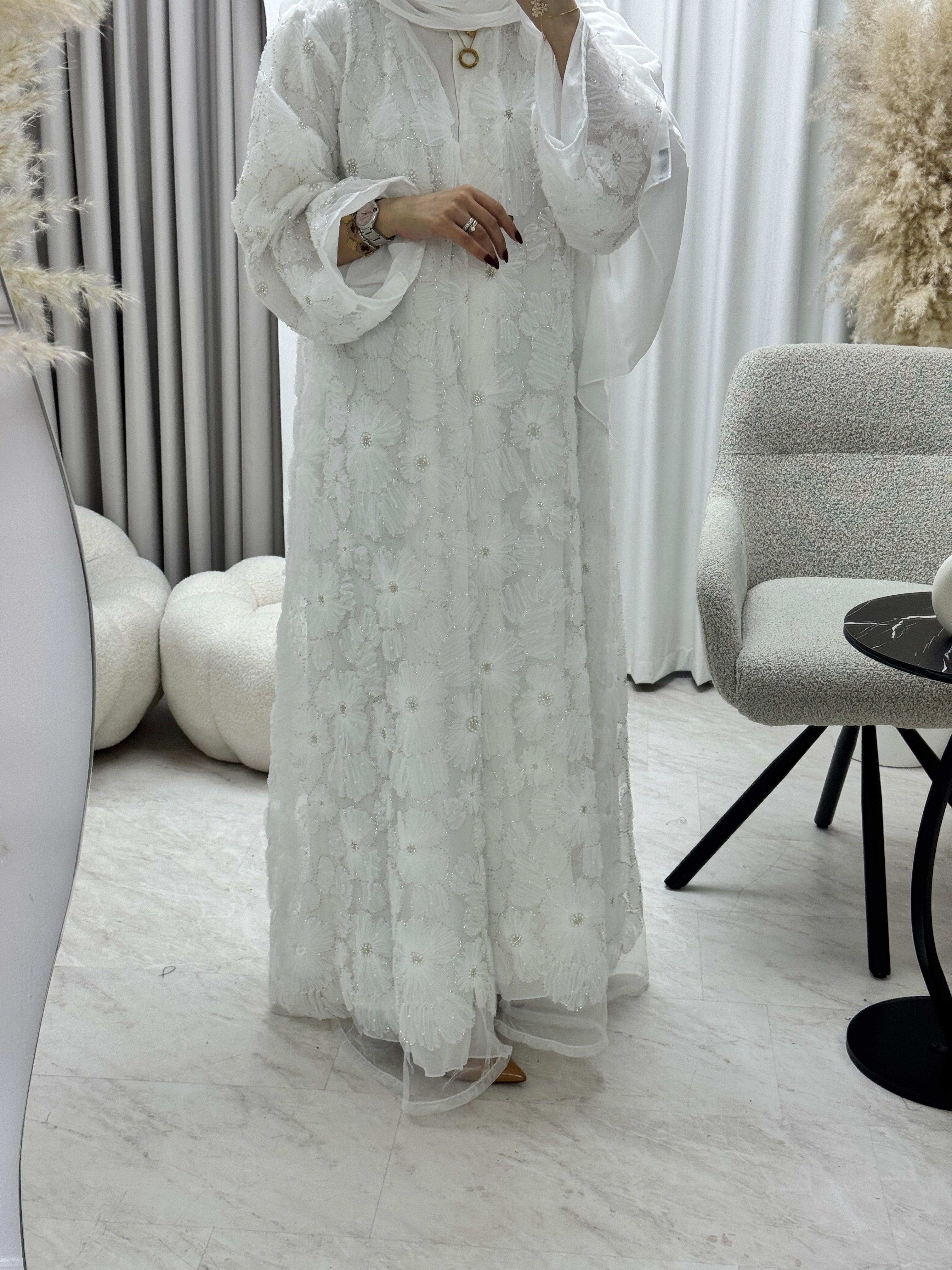 C RTW 1289-01 White Beaded Dantel Abaya