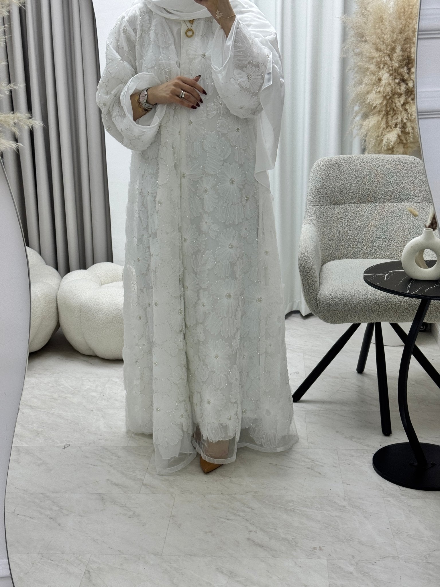 C RTW 1289-01 White Beaded Dantel Abaya