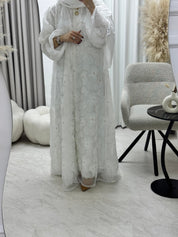 C RTW 1289-01 White Beaded Dantel Abaya