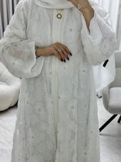 C RTW 1289-01 White Beaded Dantel Abaya