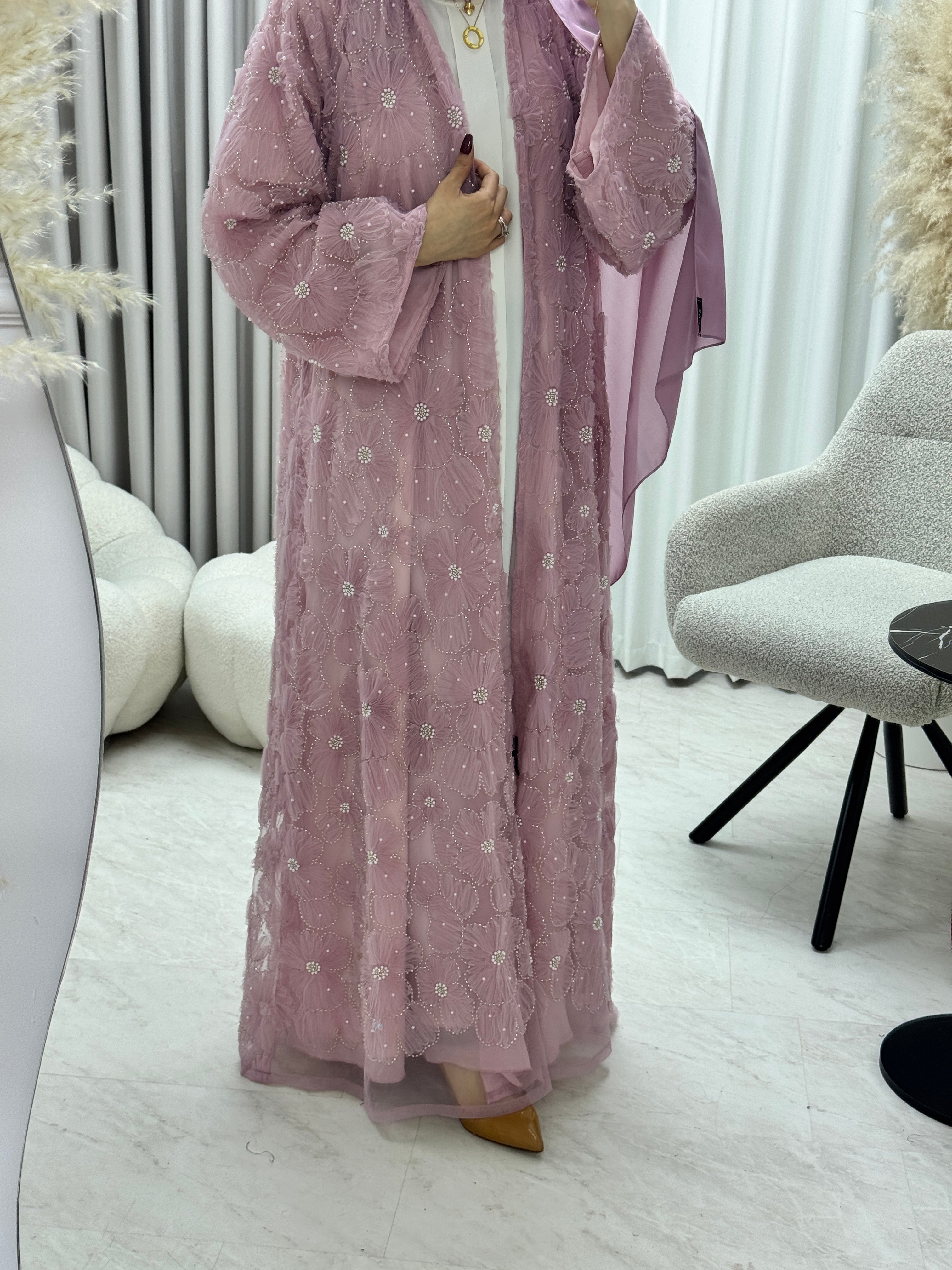 C RTW 1289-03 Baby Pink Beaded Dantel Abaya