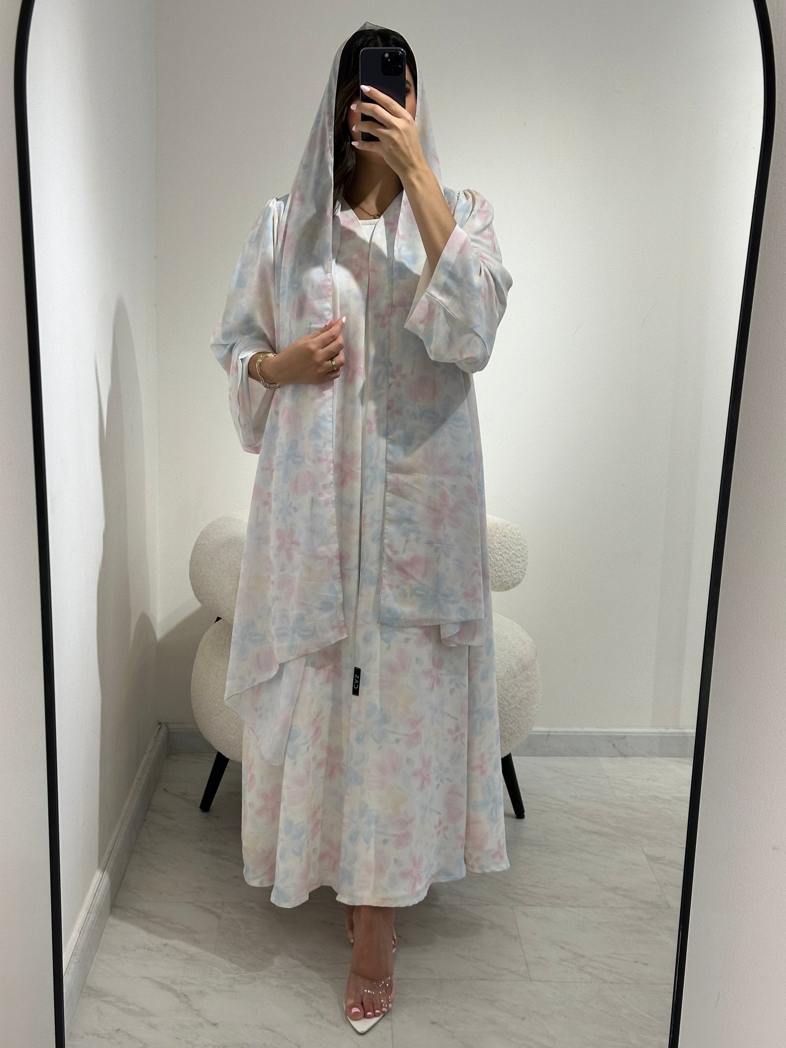 C RTW 1366 White Floral Mist Printed Abaya