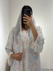 C RTW 1366 White Floral Mist Printed Abaya