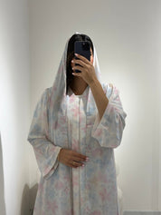 C RTW 1366 White Floral Mist Printed Abaya