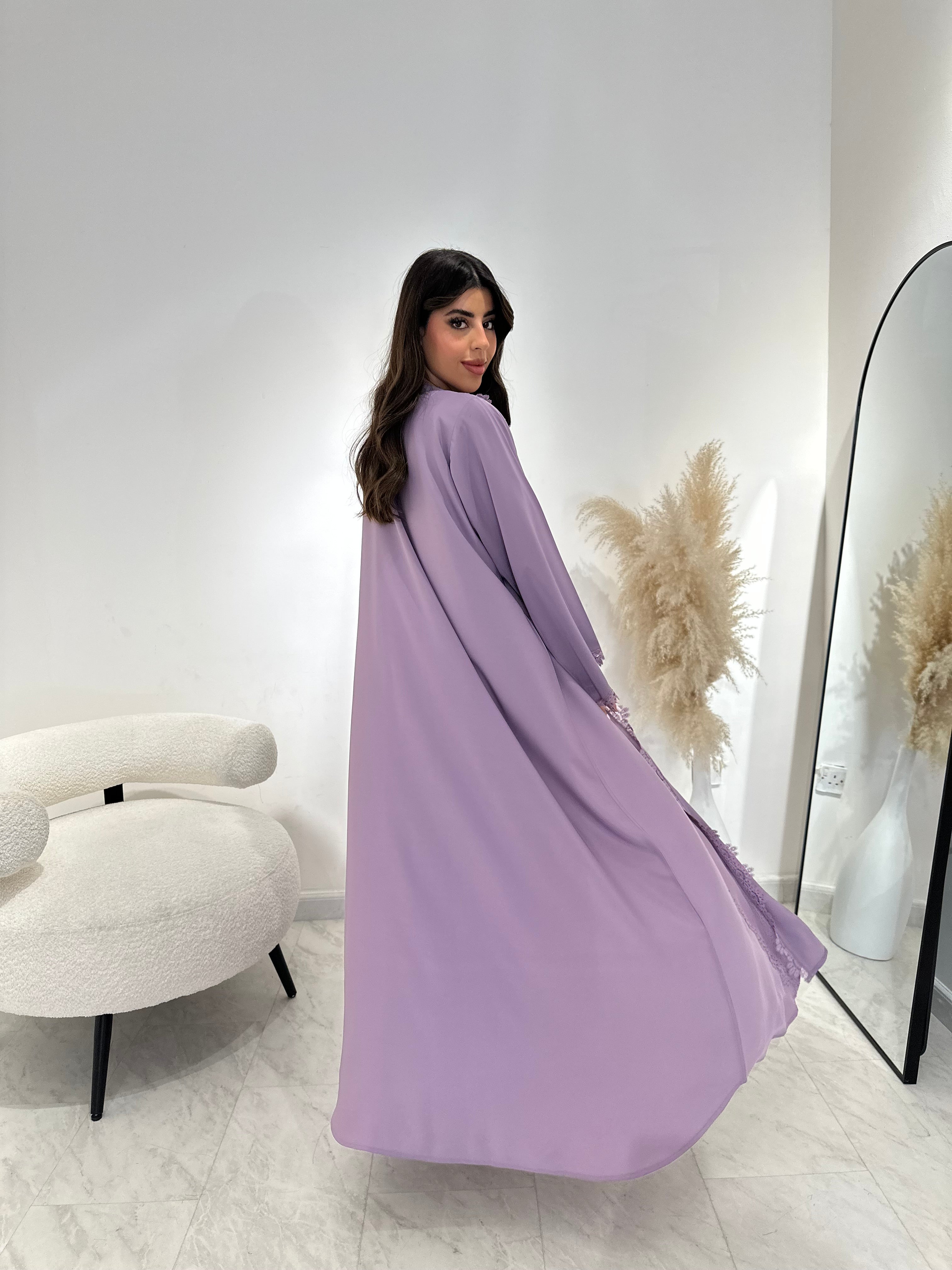 C RTW 1405 Mauve Floral Lace Abaya