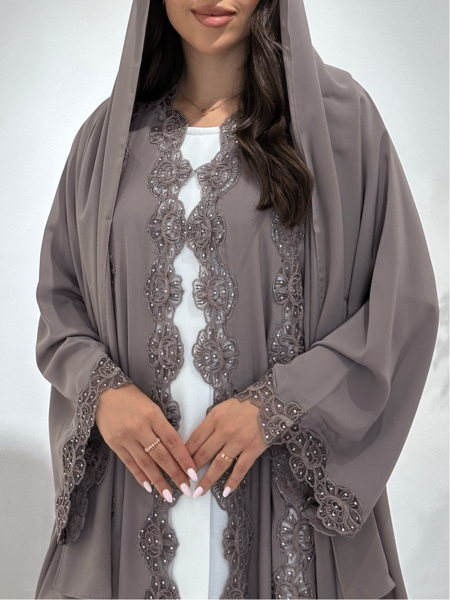 C RTW 1409 Ash Floral Lace Abaya