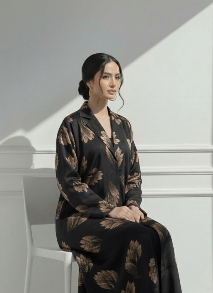 C RTW 1656 Dark Beige Printed Abaya