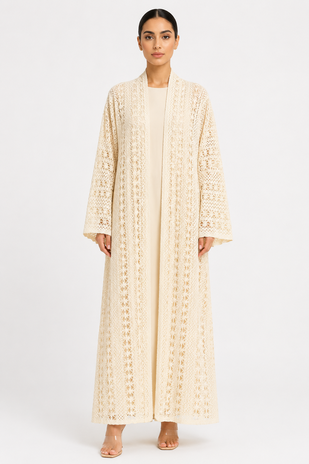 C RTW 1717-07 Cream Dantel Abaya