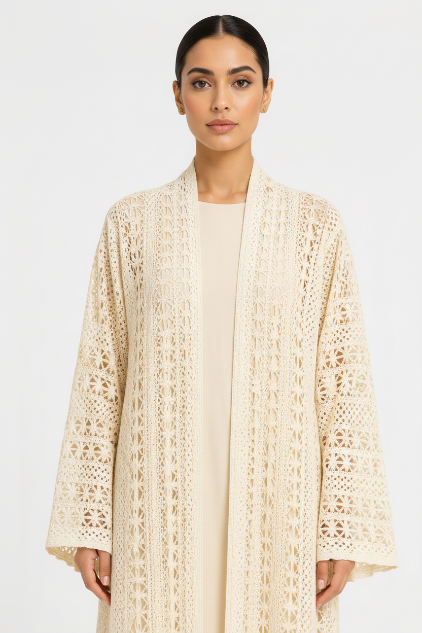 C RTW 1717-07 Cream Dantel Abaya