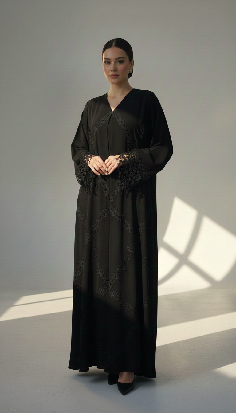 C RTW 1763 Black Floral Lace Abaya