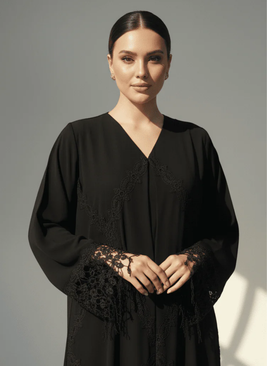 C RTW 1763 Black Floral Lace Abaya
