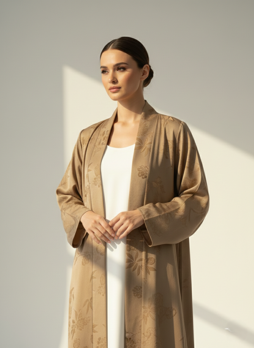 C RTW 1781-01 Beige Printed Abaya