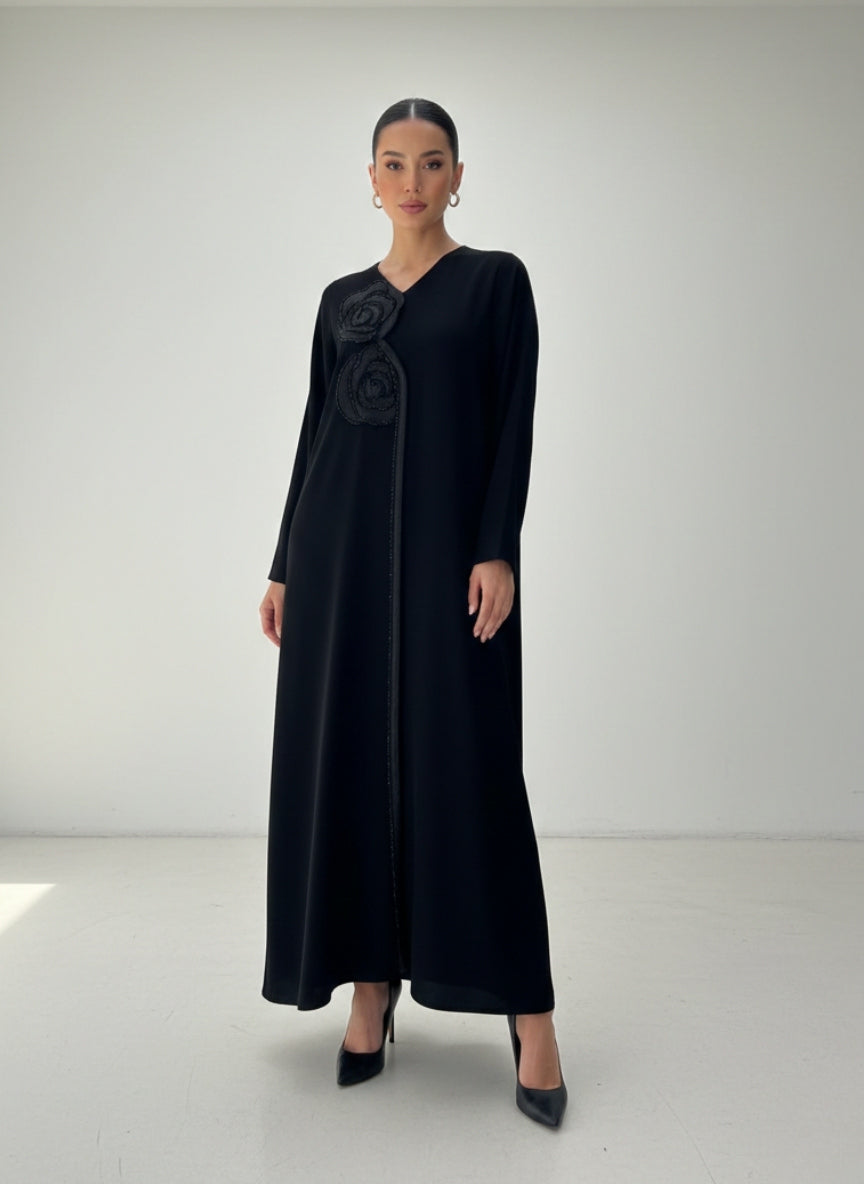 C RTW 1829 Black Beaded Rose Abaya