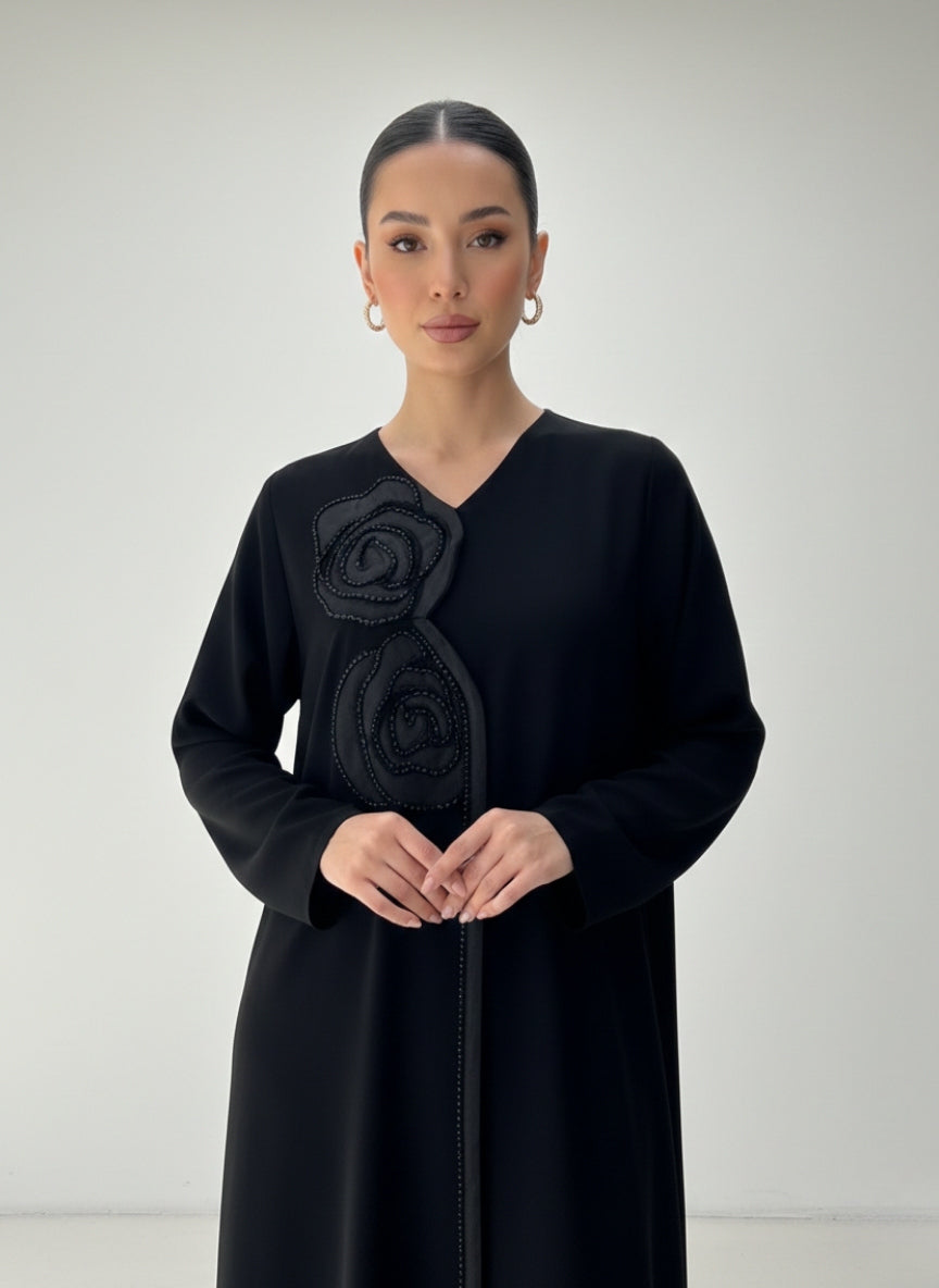 C RTW 1829 Black Beaded Rose Abaya