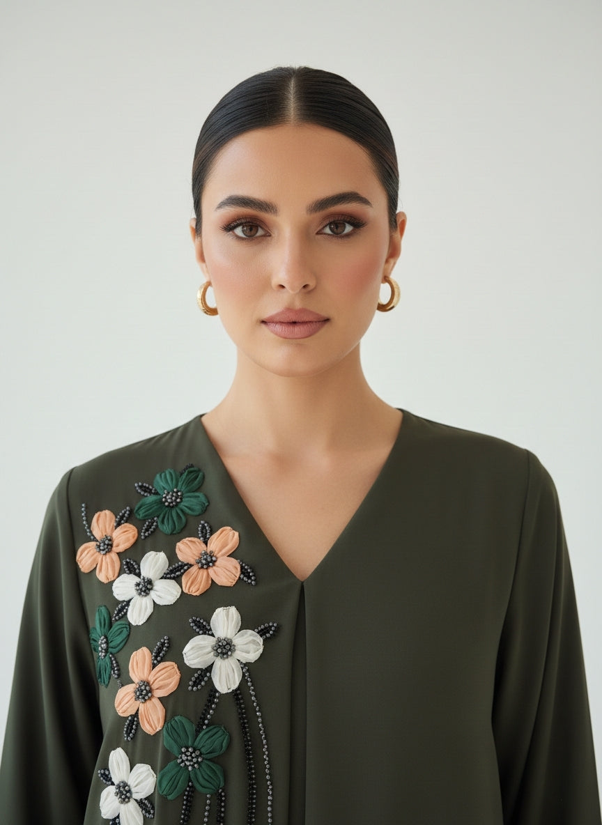 C RTW 1837 Forest Green Beaded Abaya