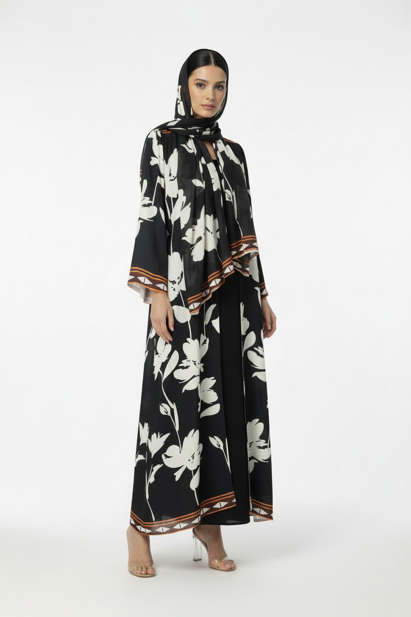 C RTW 1885 Black White Floral Printed Abaya
