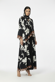 C RTW 1885 Black White Floral Printed Abaya