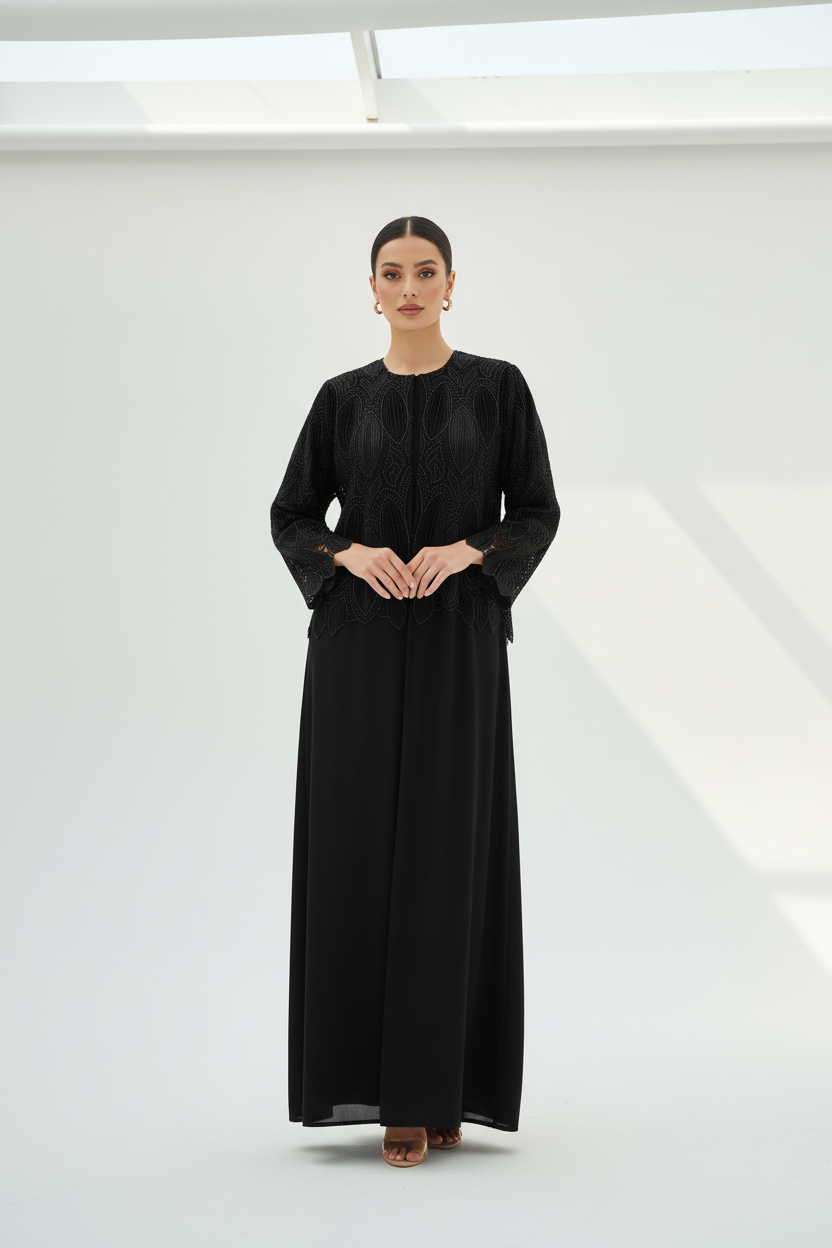 C RTW 1892 Black Velvet Dantel Abaya