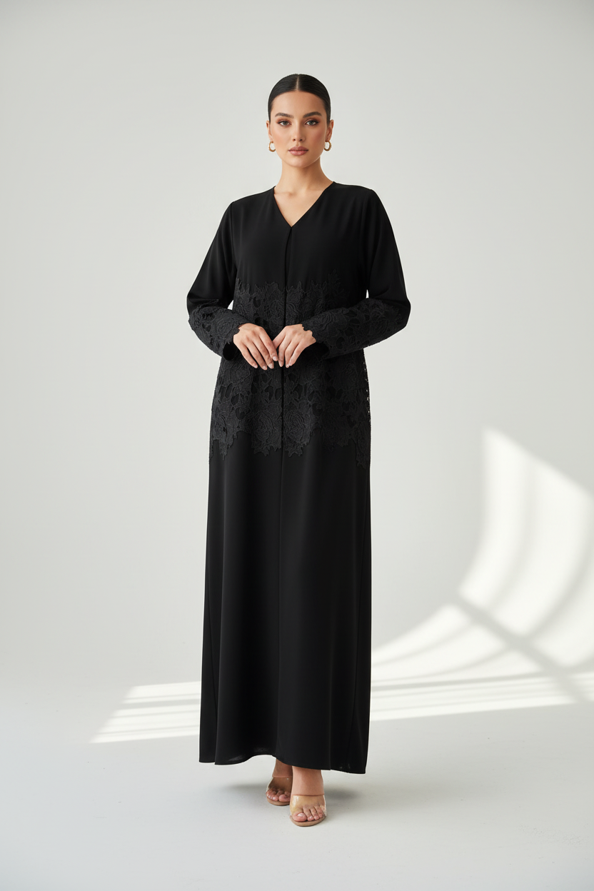 C RTW 1894 Black Floral Lace Abaya