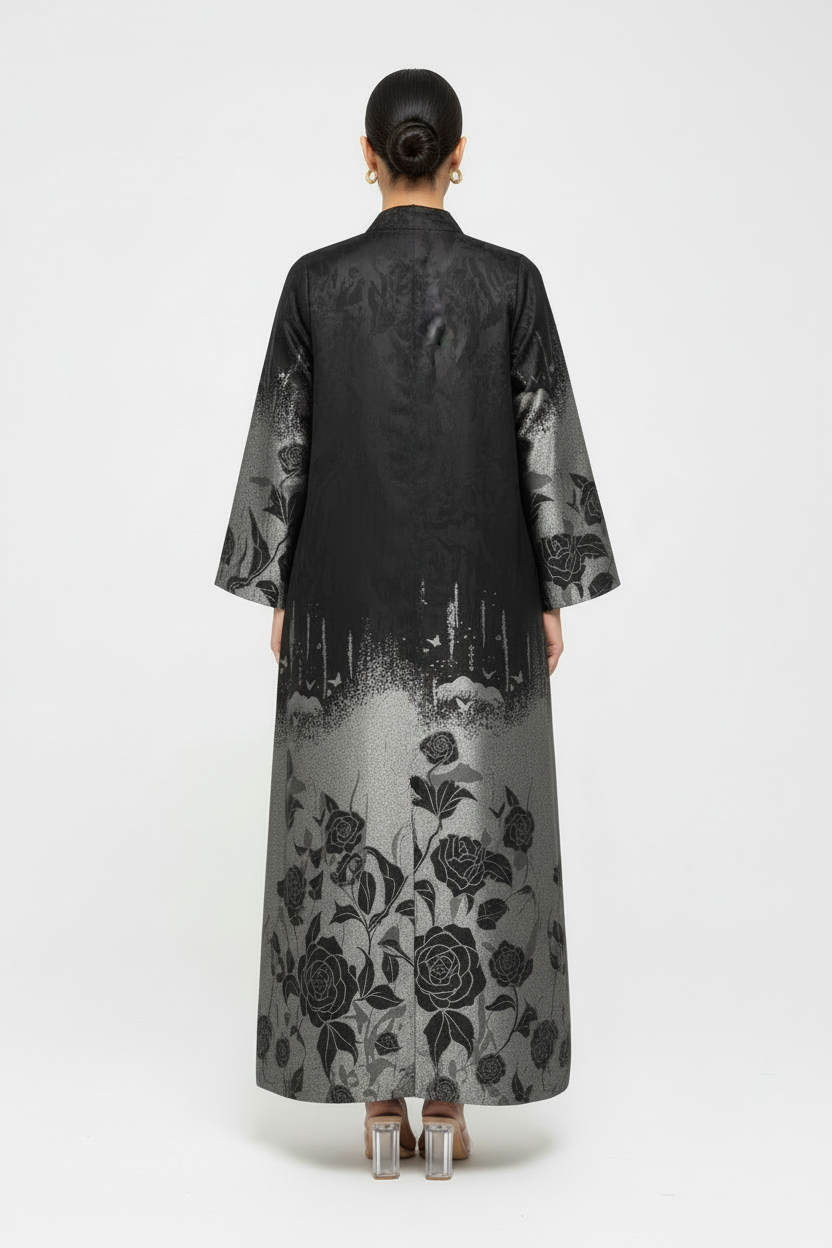 C RTW 1977-03 Silver Floral Abaya