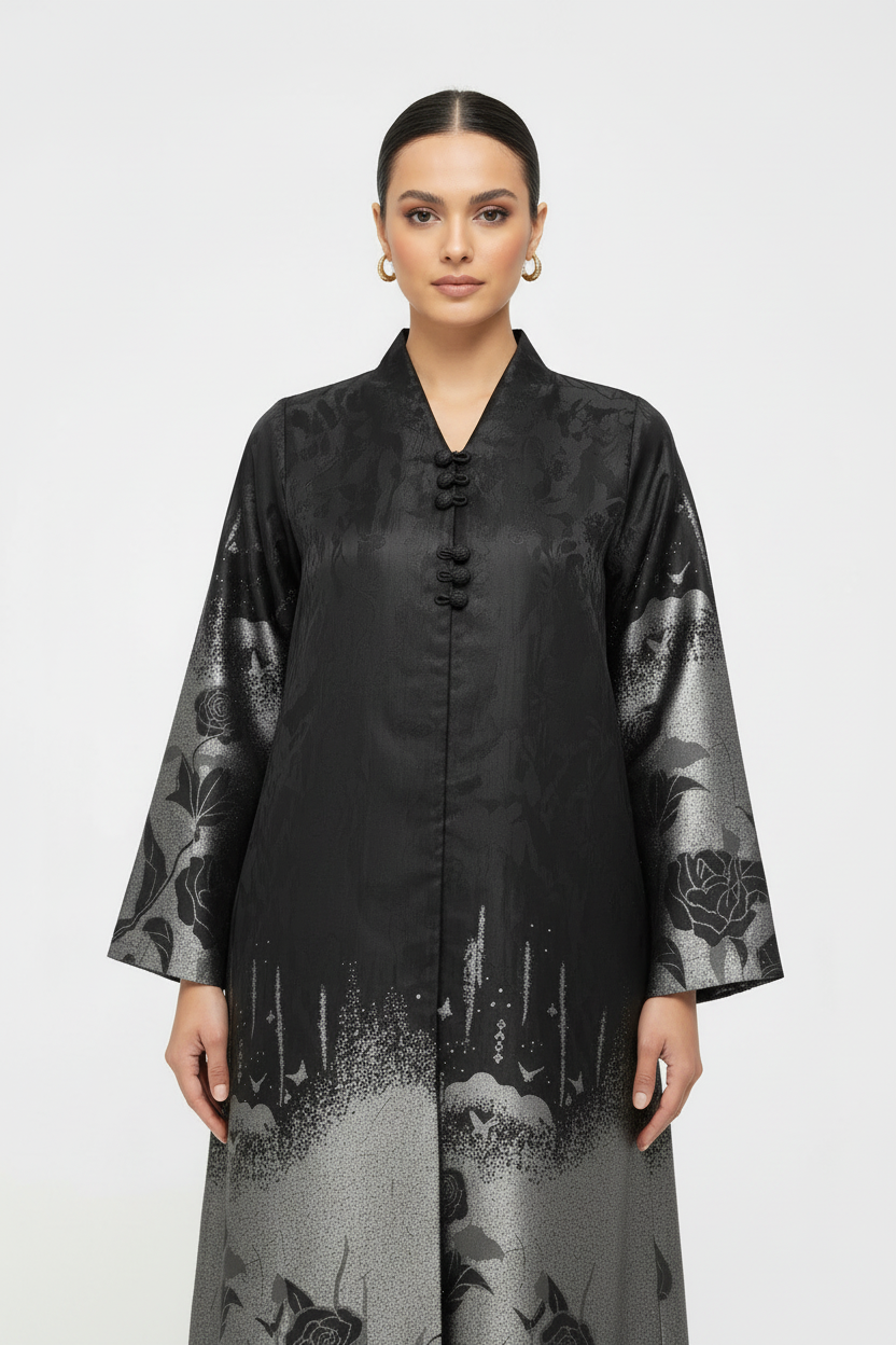 C RTW 1977-03 Silver Floral Abaya
