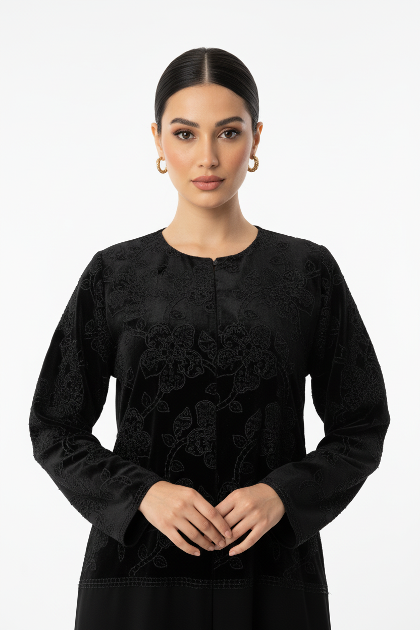 C RTW 1979 Black Velvet Floral Dantel Abaya