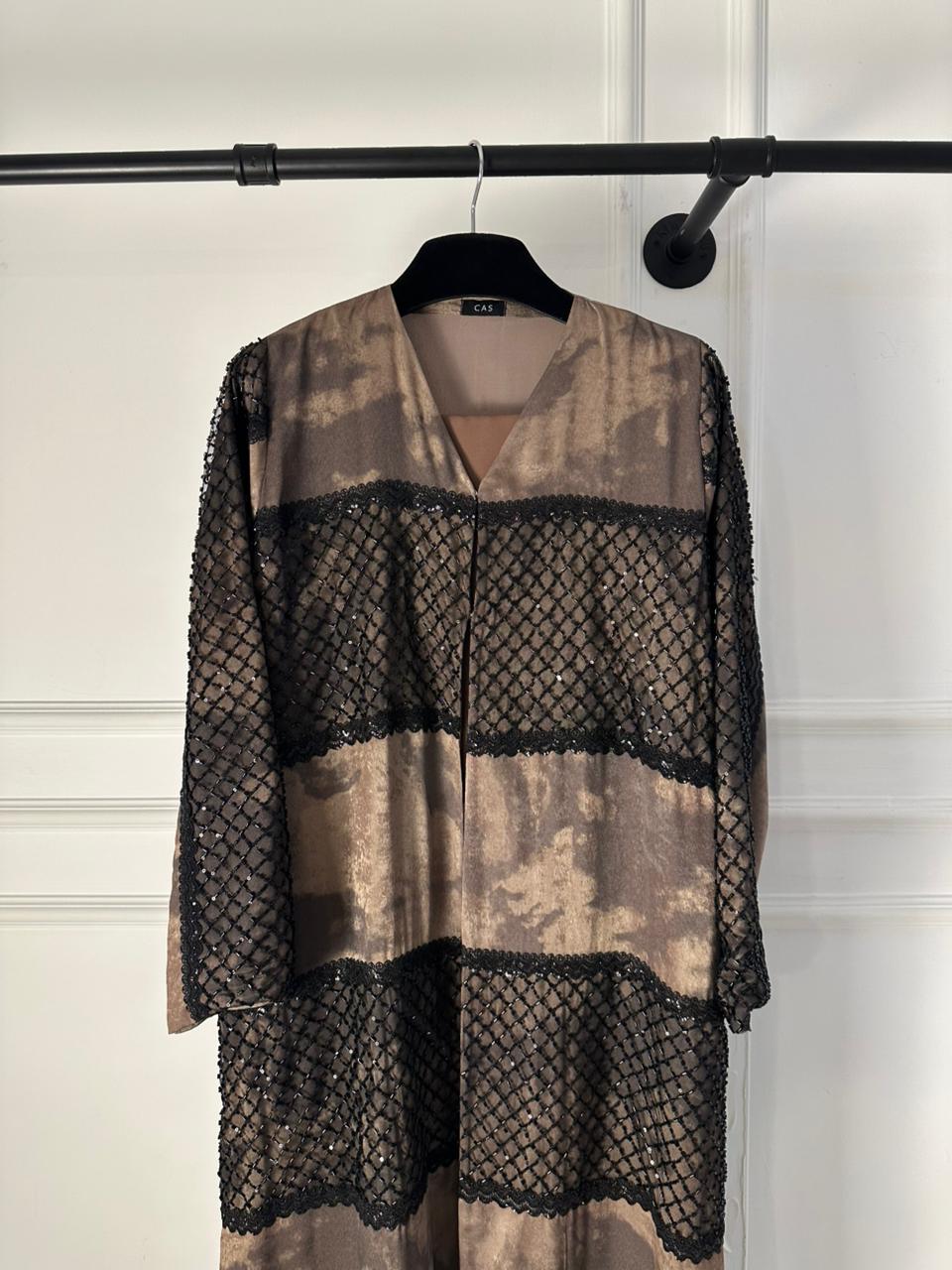 C RTW 1995 Brown Beaded Lace Abaya