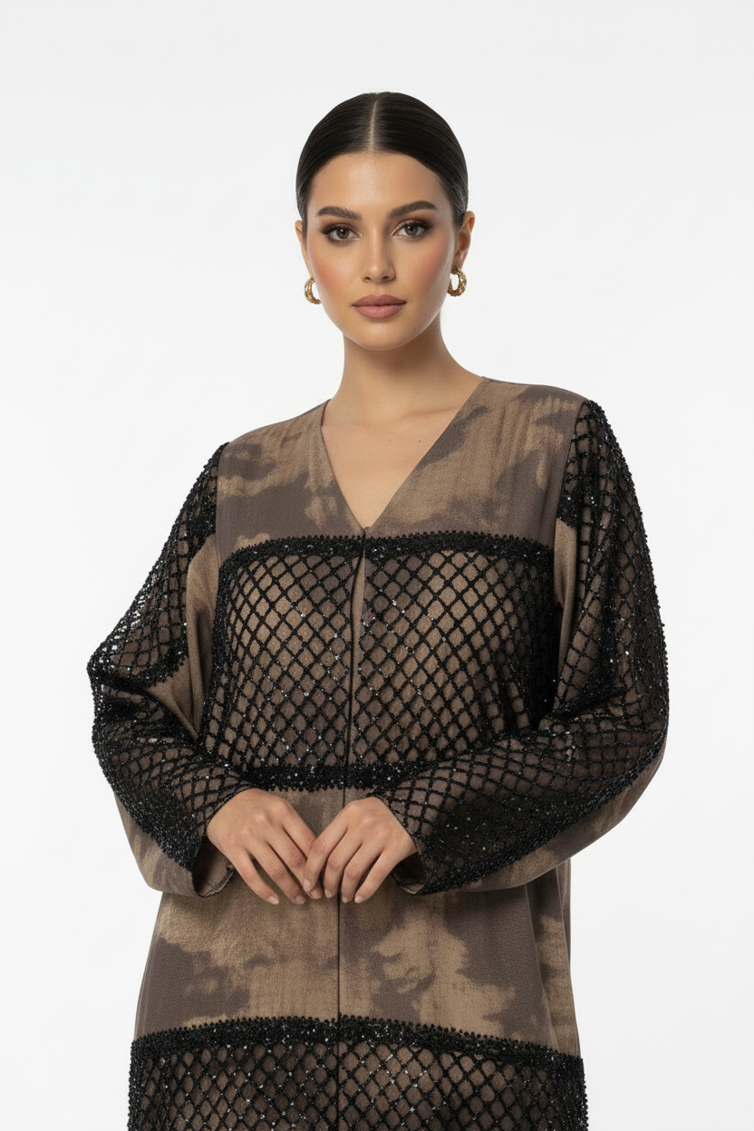 C RTW 1995 Brown Beaded Lace Abaya
