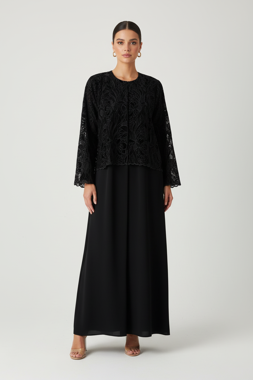 C RTW 2039 Black Velvet Lace Abaya