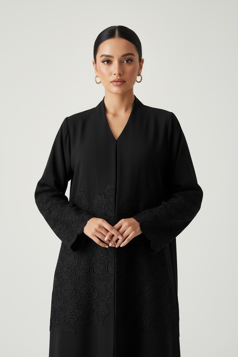 C RTW 2084 Black Floral Lace Abaya