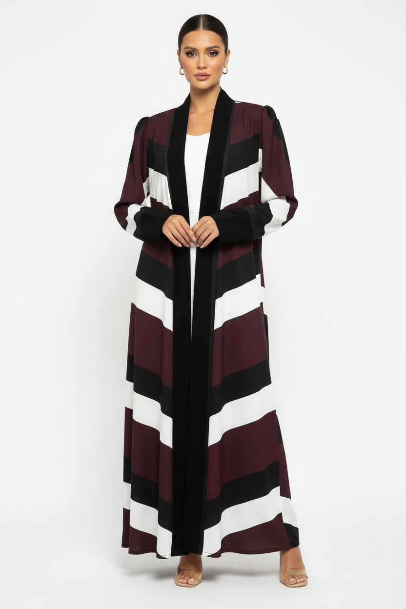 C RTW 2134 Burgundy Stripe Printed Abaya