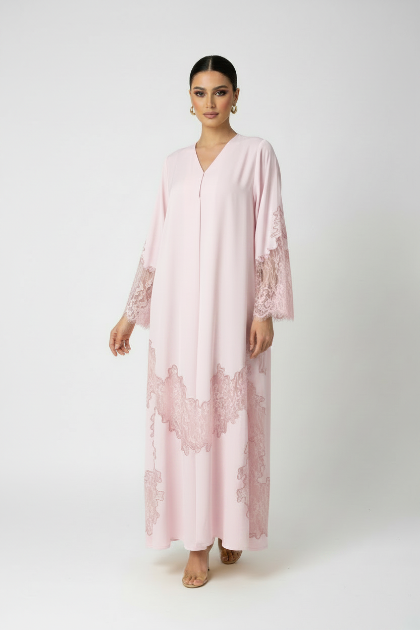 C RTW 2177-02 Baby Pink Dantel Abaya