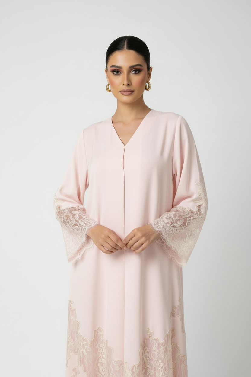C RTW 2177-02 Baby Pink Dantel Abaya