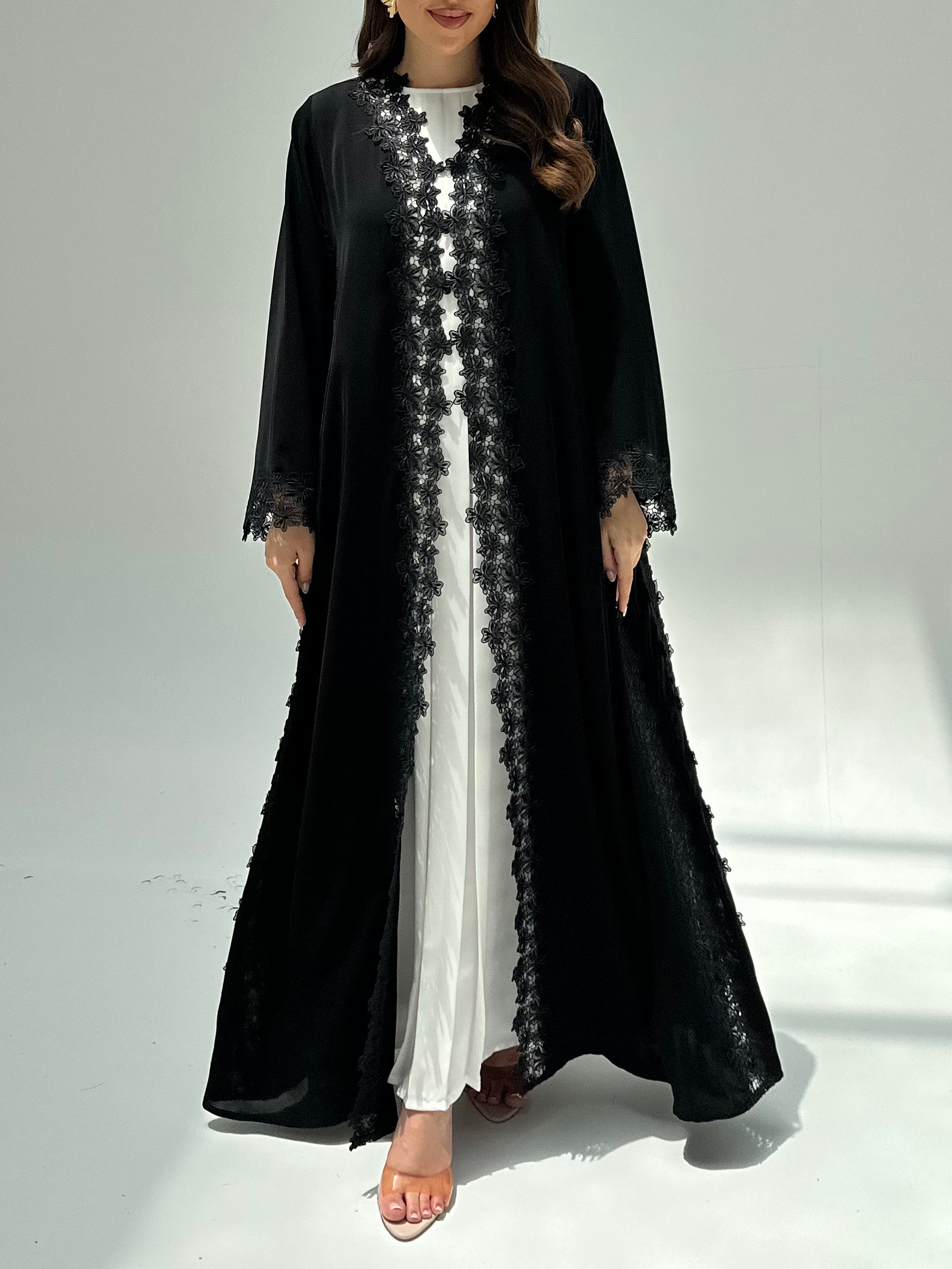 C RTW 2214 Black Floral Lace Abaya