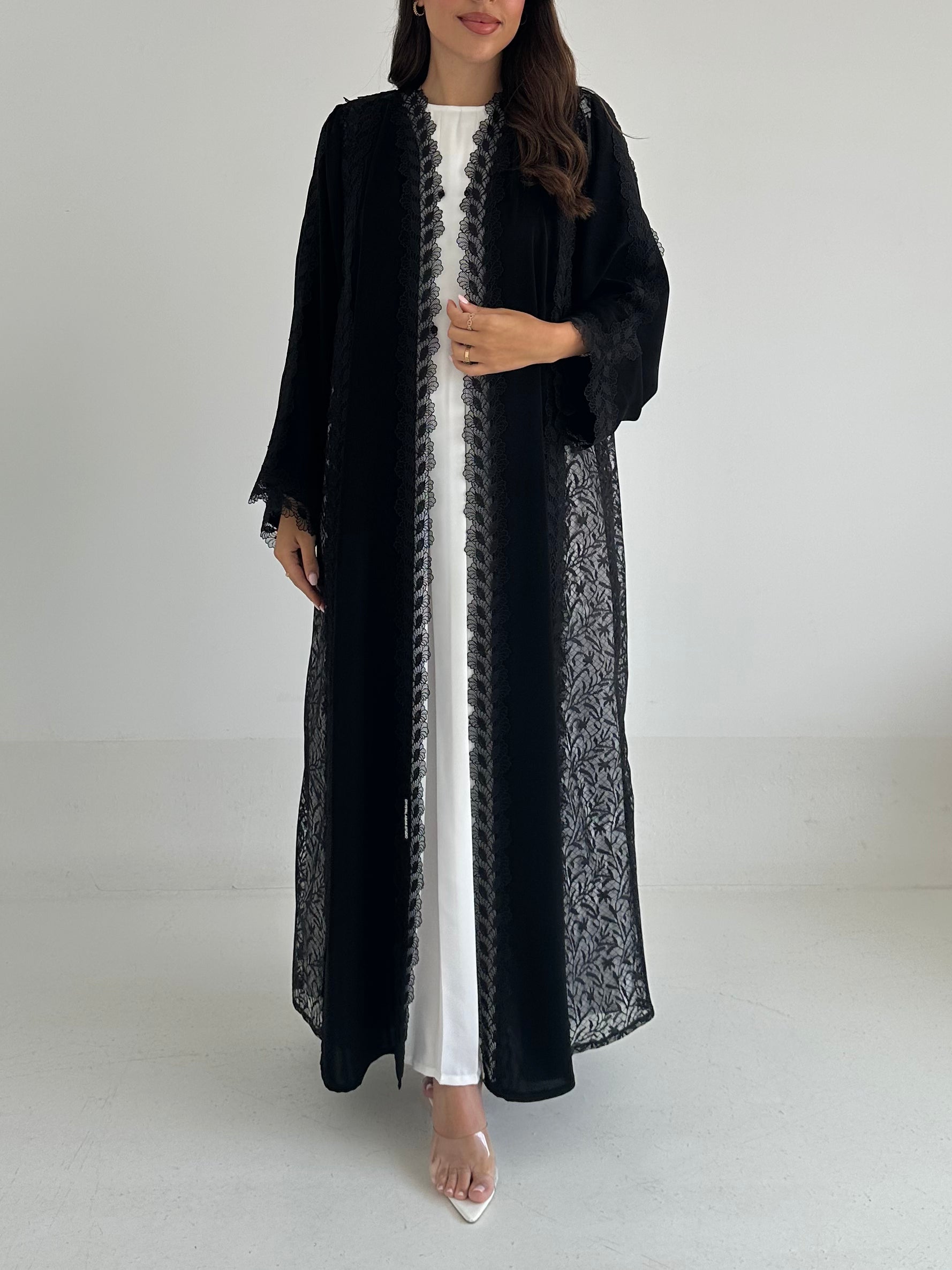 C RTW 2406 Black Leafy Lace Abaya