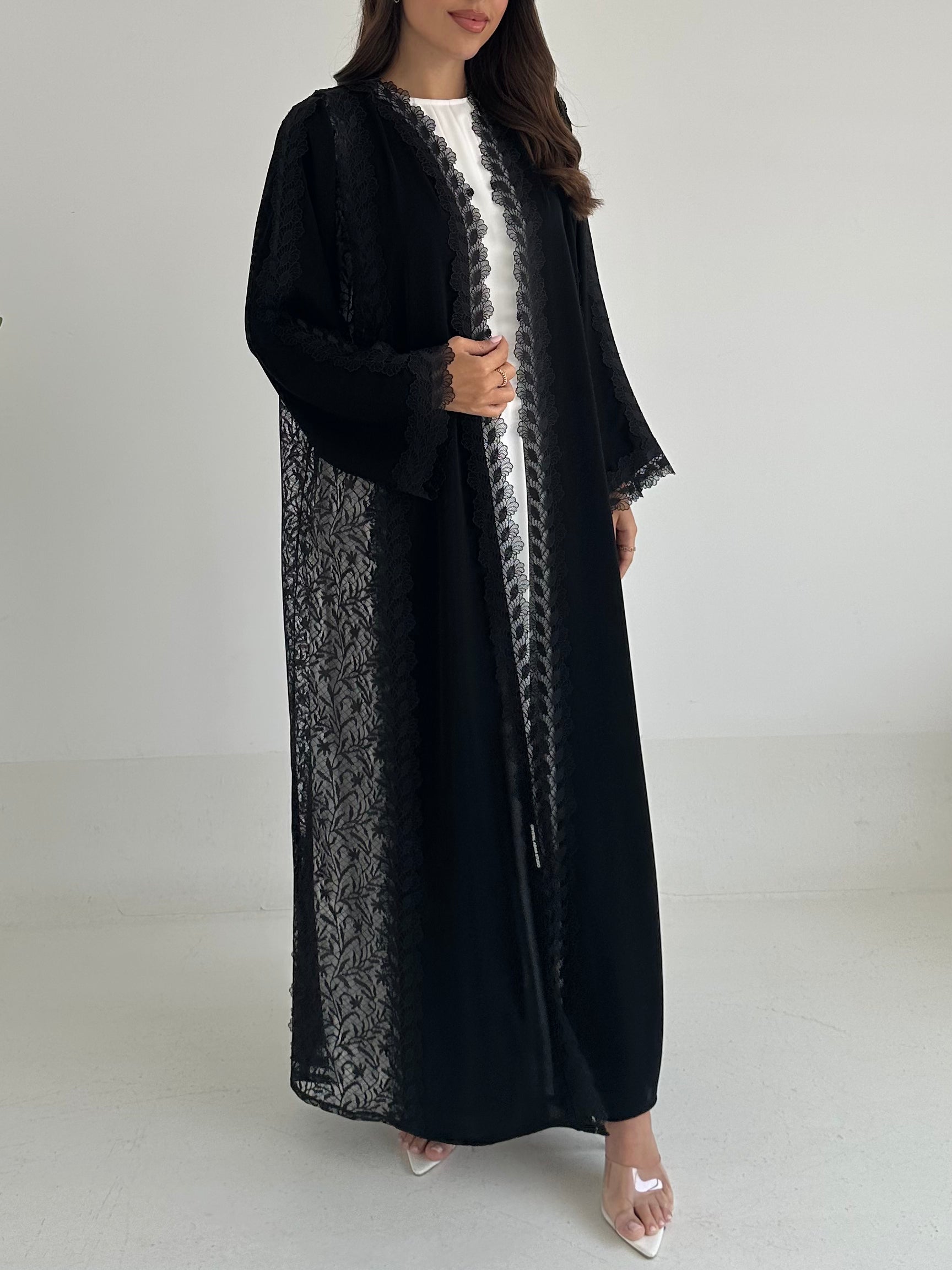 C RTW 2406 Black Leafy Lace Abaya