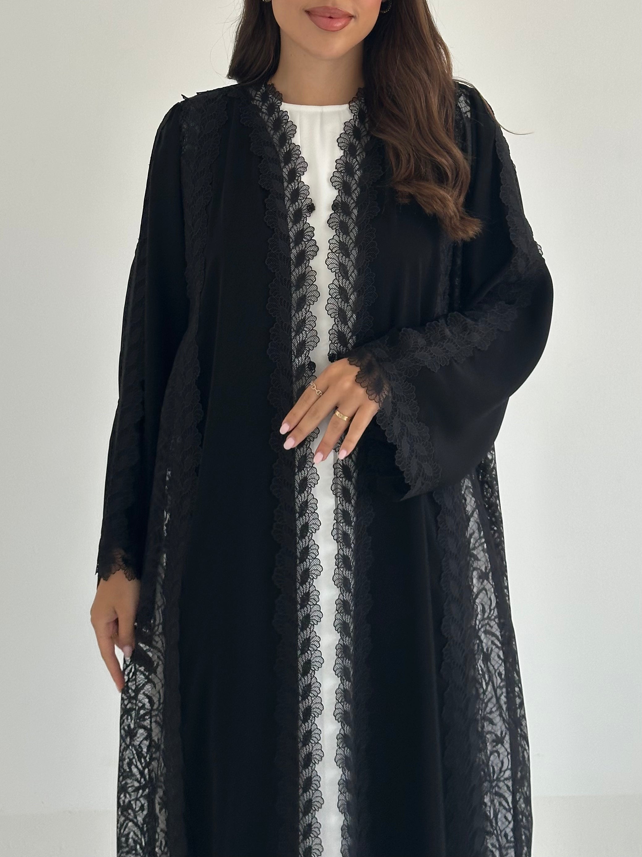 C RTW 2406 Black Leafy Lace Abaya