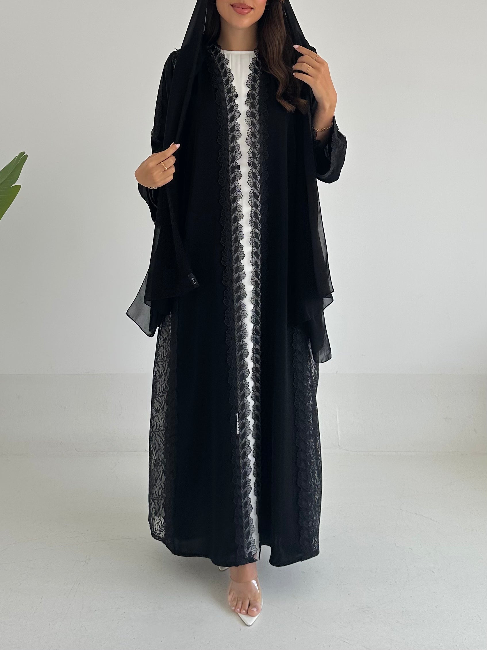 C RTW 2406 Black Leafy Lace Abaya