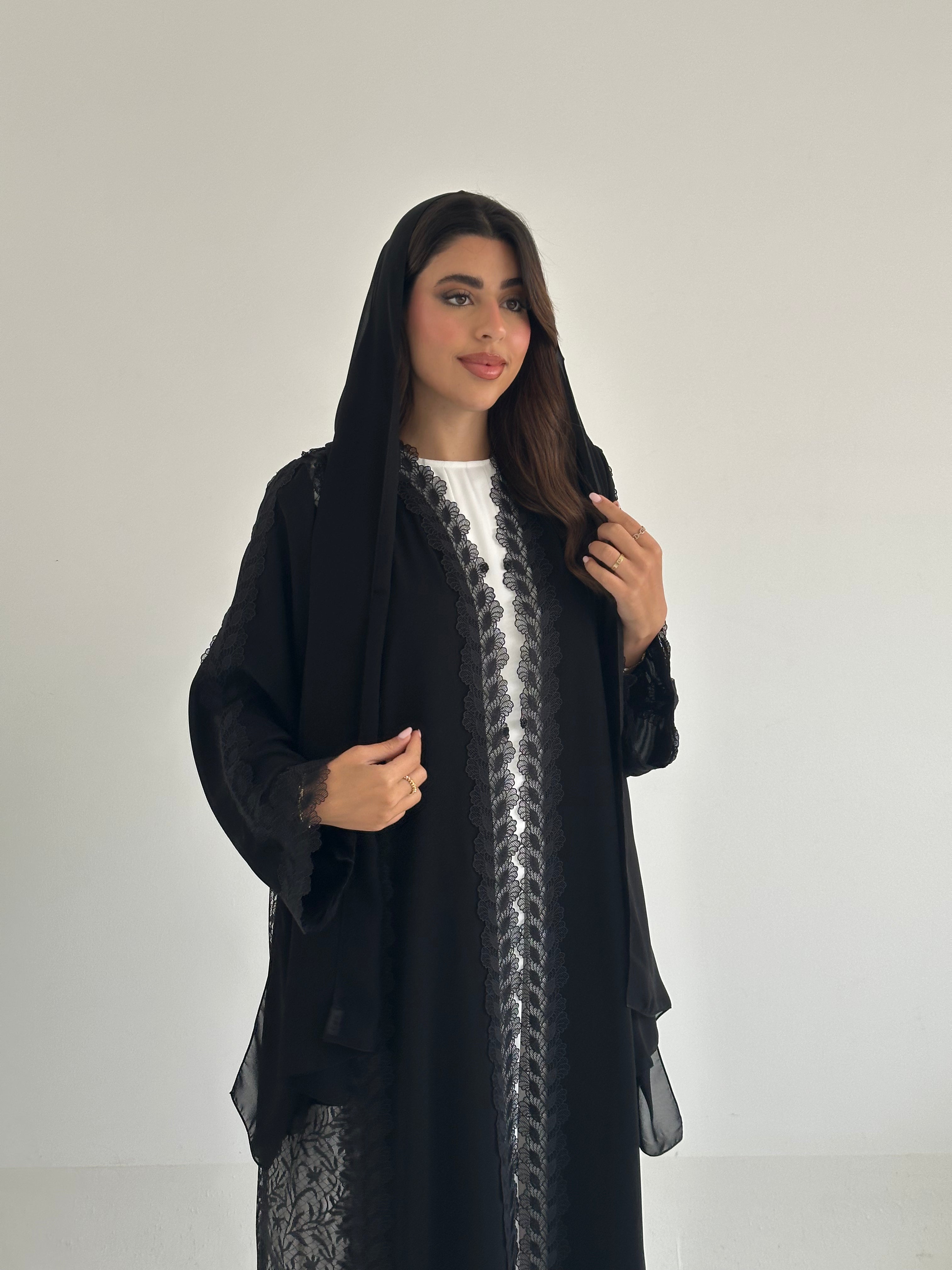 C RTW 2406 Black Leafy Lace Abaya