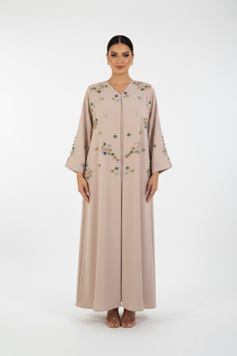 C RTW 2464 Light Pink Floral Beaded Abaya