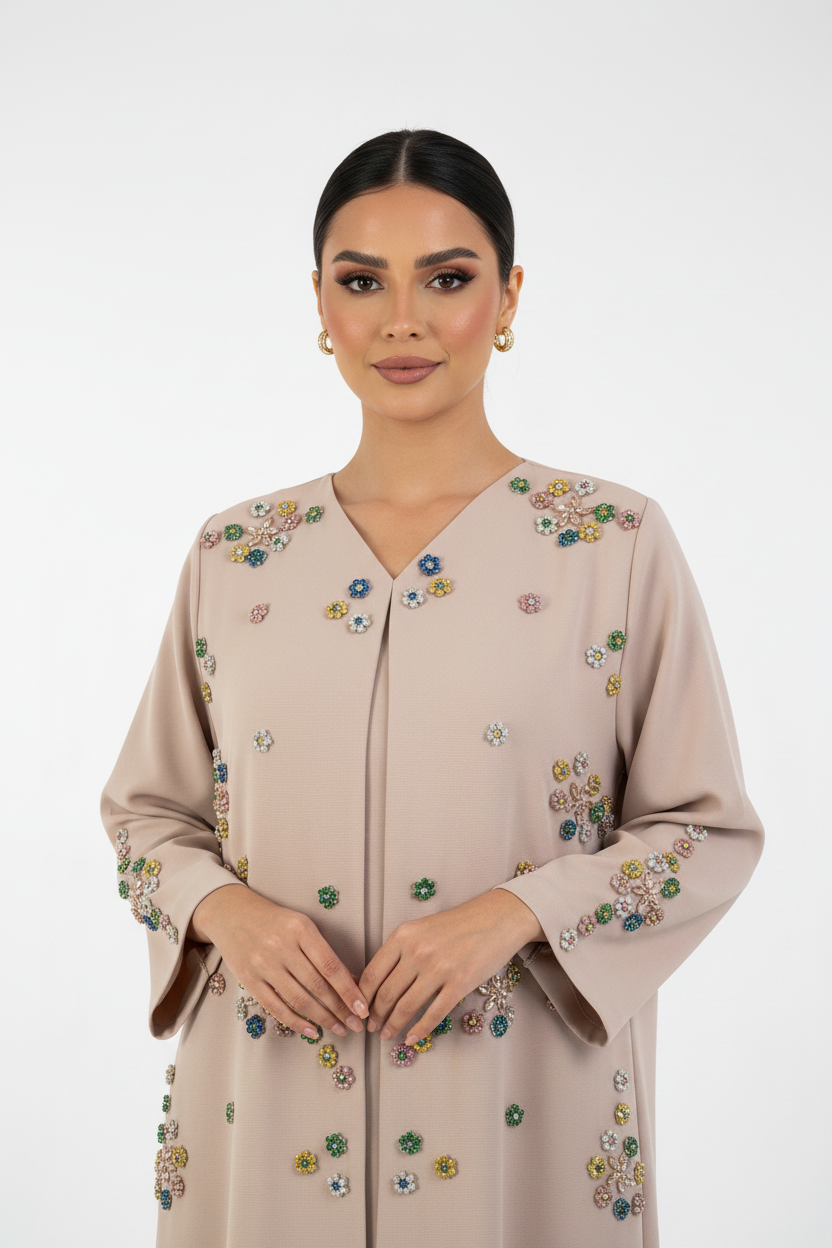 C RTW 2464 Light Pink Floral Beaded Abaya