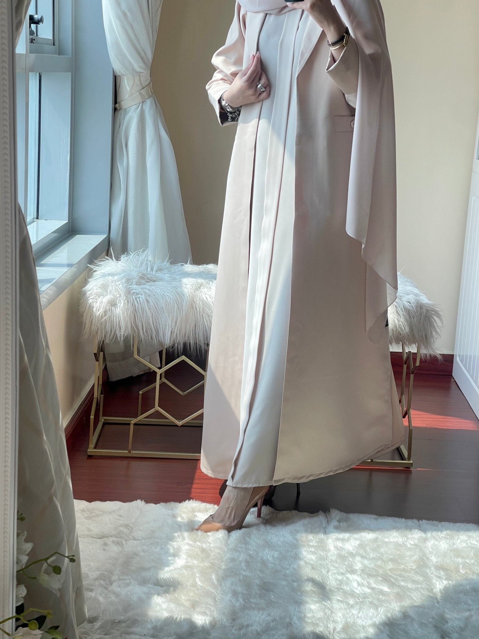 C - RTW - Beige - Satin - Coat - Abaya - Set