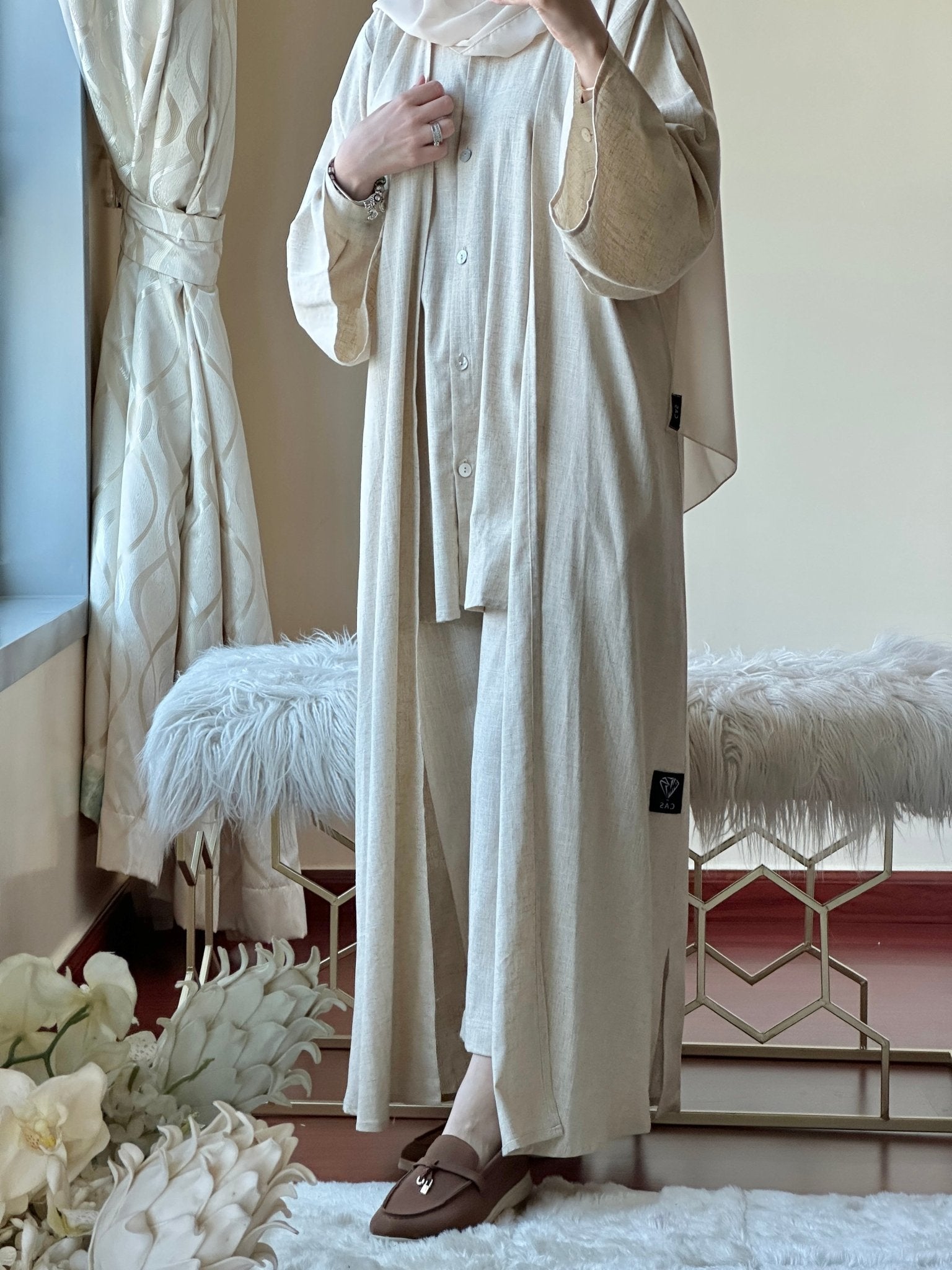 C - RTW - Beige - Summer - Linen - Travel - Abaya - Set