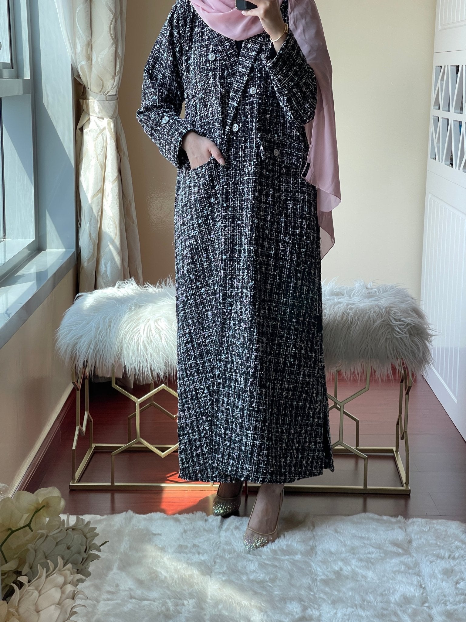 C RTW Black Pink Tweed Abaya Set 2023