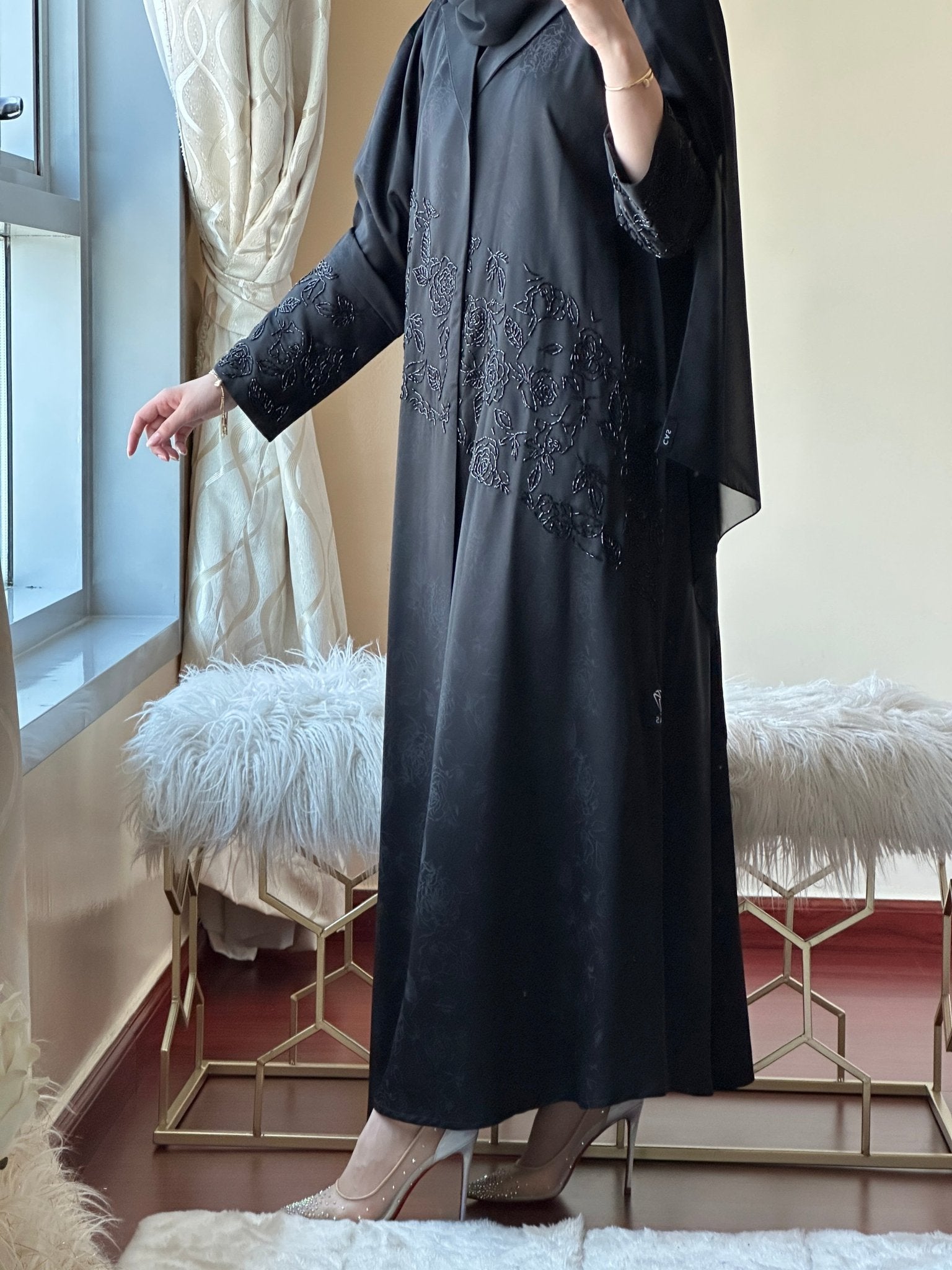 C - RTW - Black - Rose - Beadwork - Abaya - Set - 18