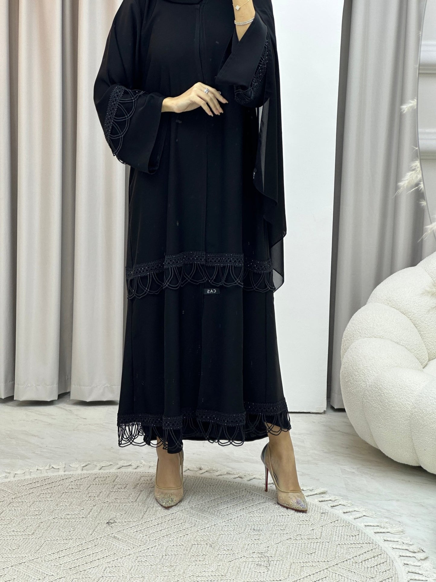 C RTW Black Scallops Lace Abaya Set